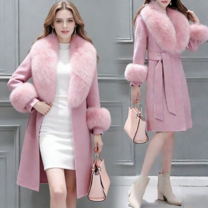 Elegant Women's Winter Slim-Fit Wool Coat with Oversized Detachable Fur Collar