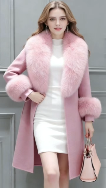 Elegant Women's Winter Slim-Fit Wool Coat with Oversized Detachable Fur Collar