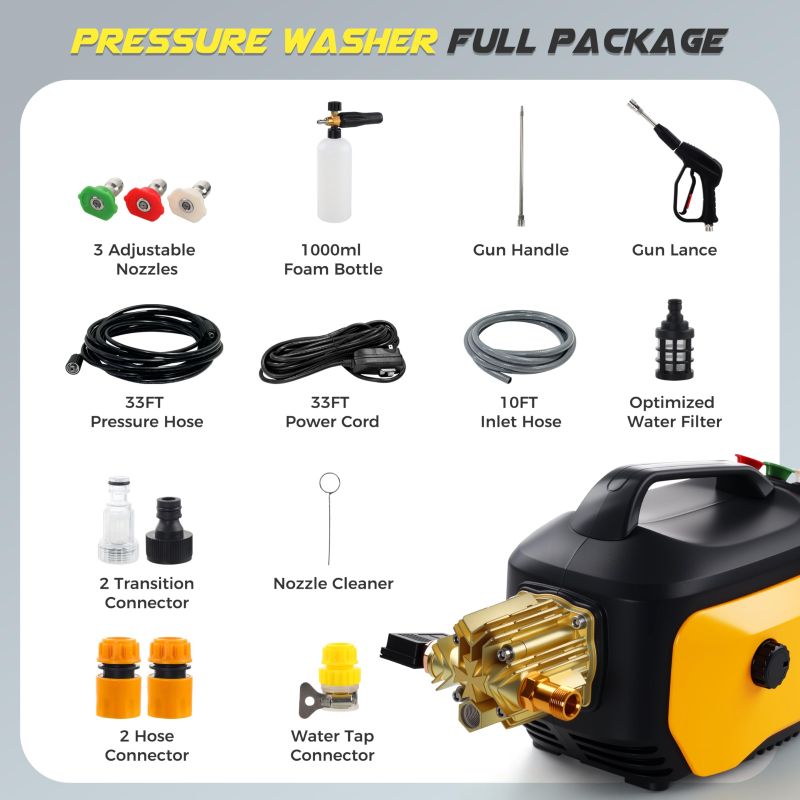 Portable Compact Pressure Cleaner, Power Cleaner with 33FT Flexible Extension Hose, 3 Nozzles, Foam Cannon for Cars, Patios, Driveways