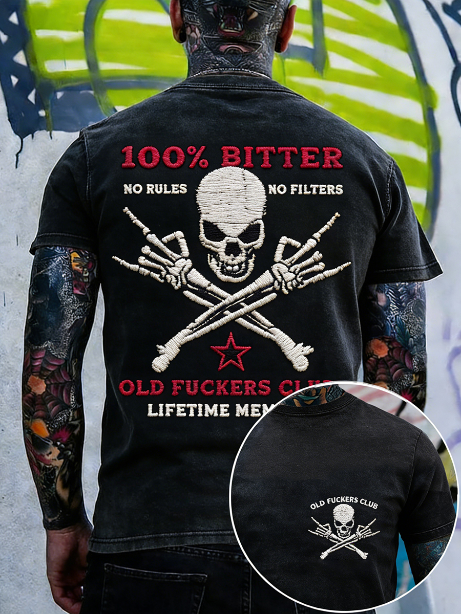 Men's Old Fuckers Club Embroidery Pattern Washed T-Shirt