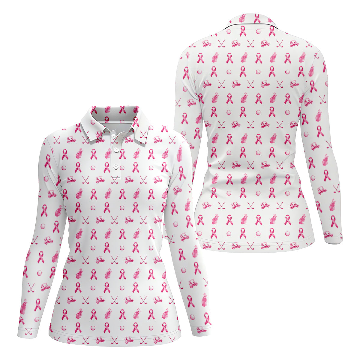 Pink Ribbon Breast Cancer Awareness Golf Long Sleeve Polo Shirt