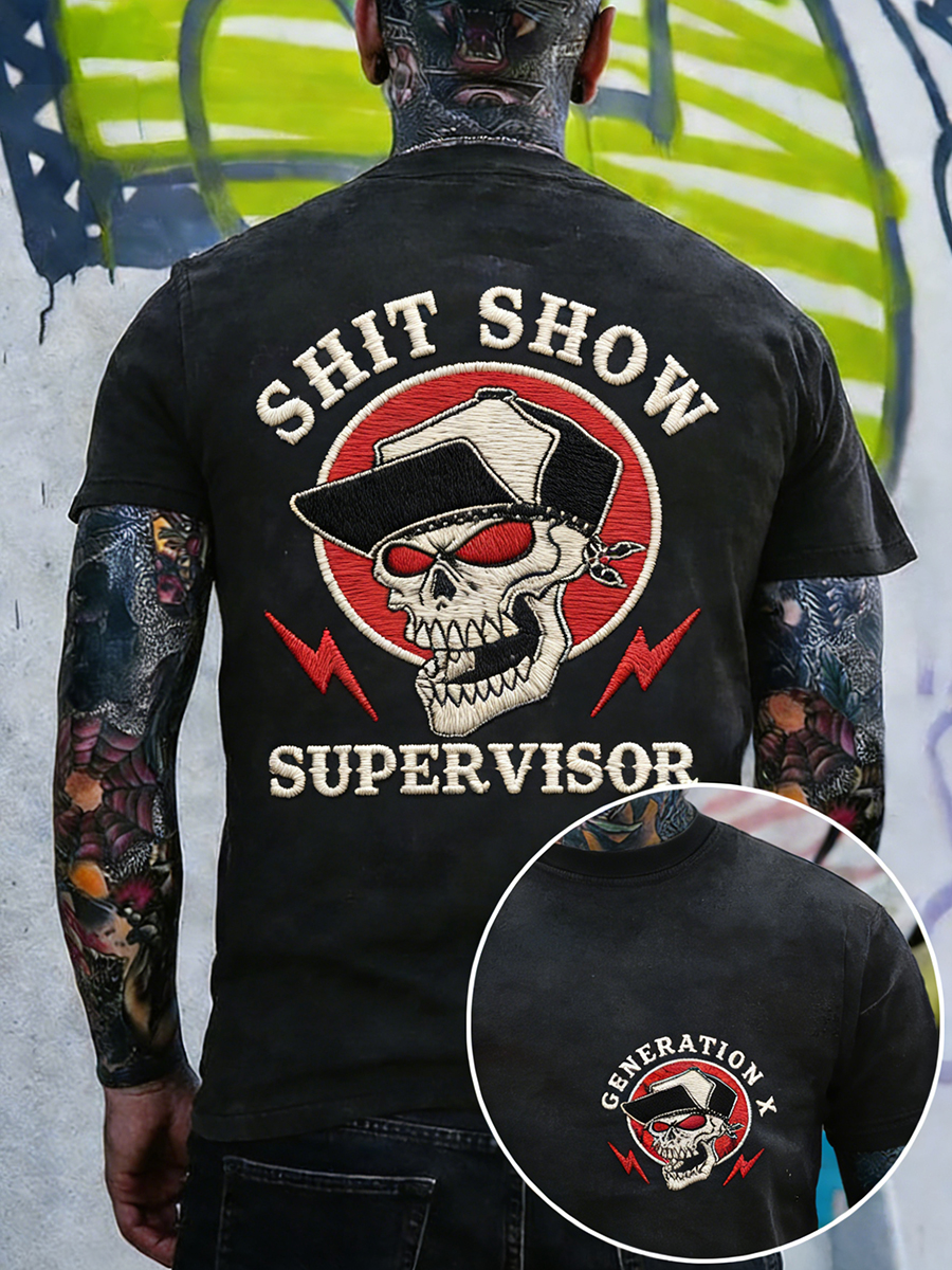 Men's Shit Show Supervisor Skull Embroidery Pattern T-Shirt