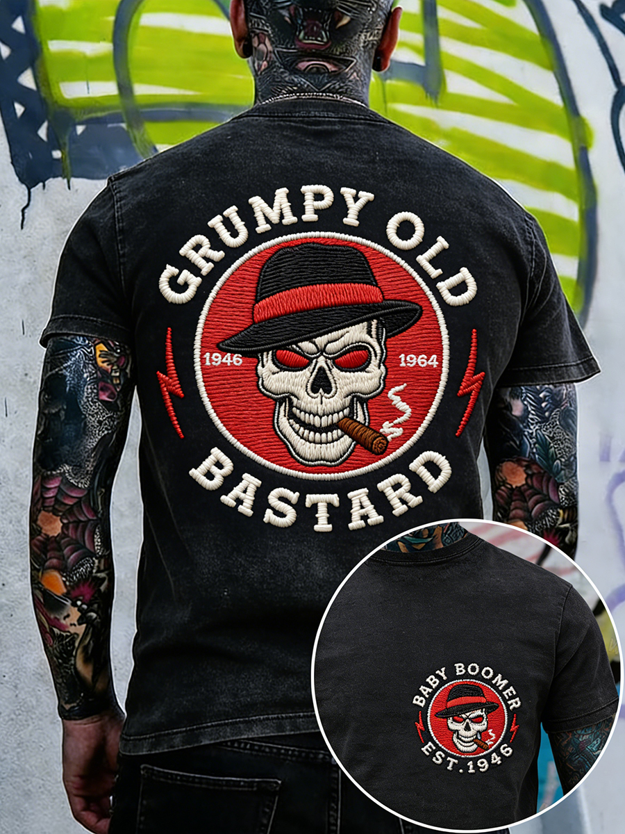 Men's Grumpy Old Bastard Embroidered Vintage Washed T-Shirt