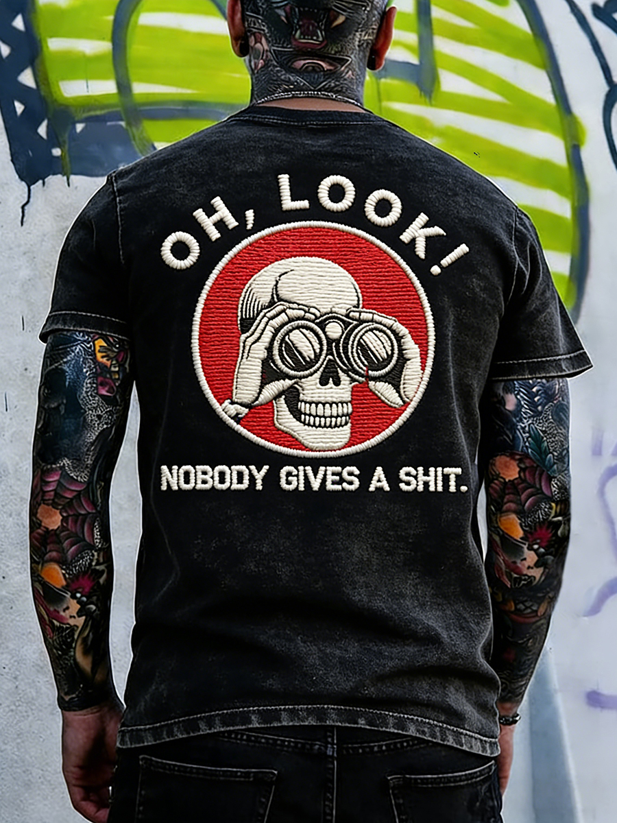 Men's OH Look Nobody Gives A Shit Embroidery Pattern Washed T-Shirt