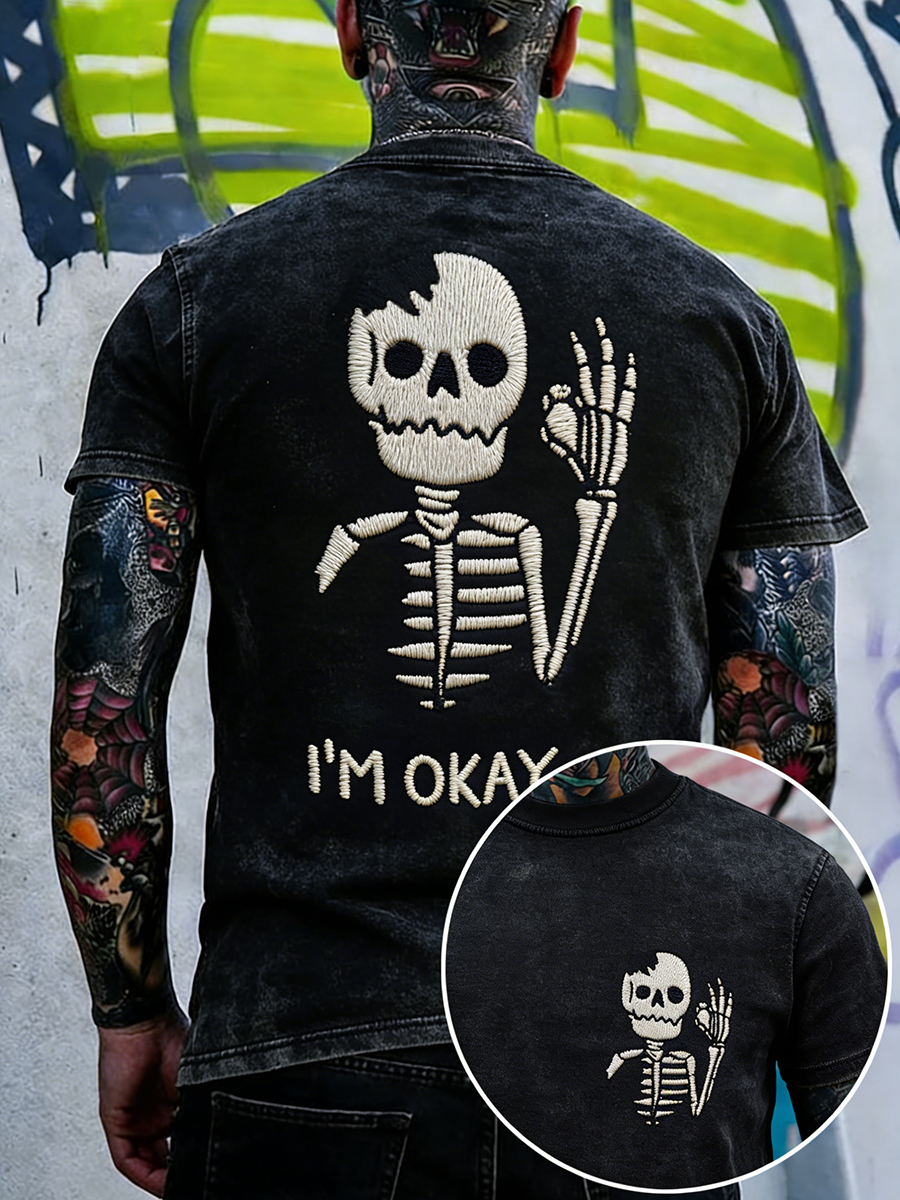 Men's I'm Okay Skull Embroidery Pattern T-Shirt