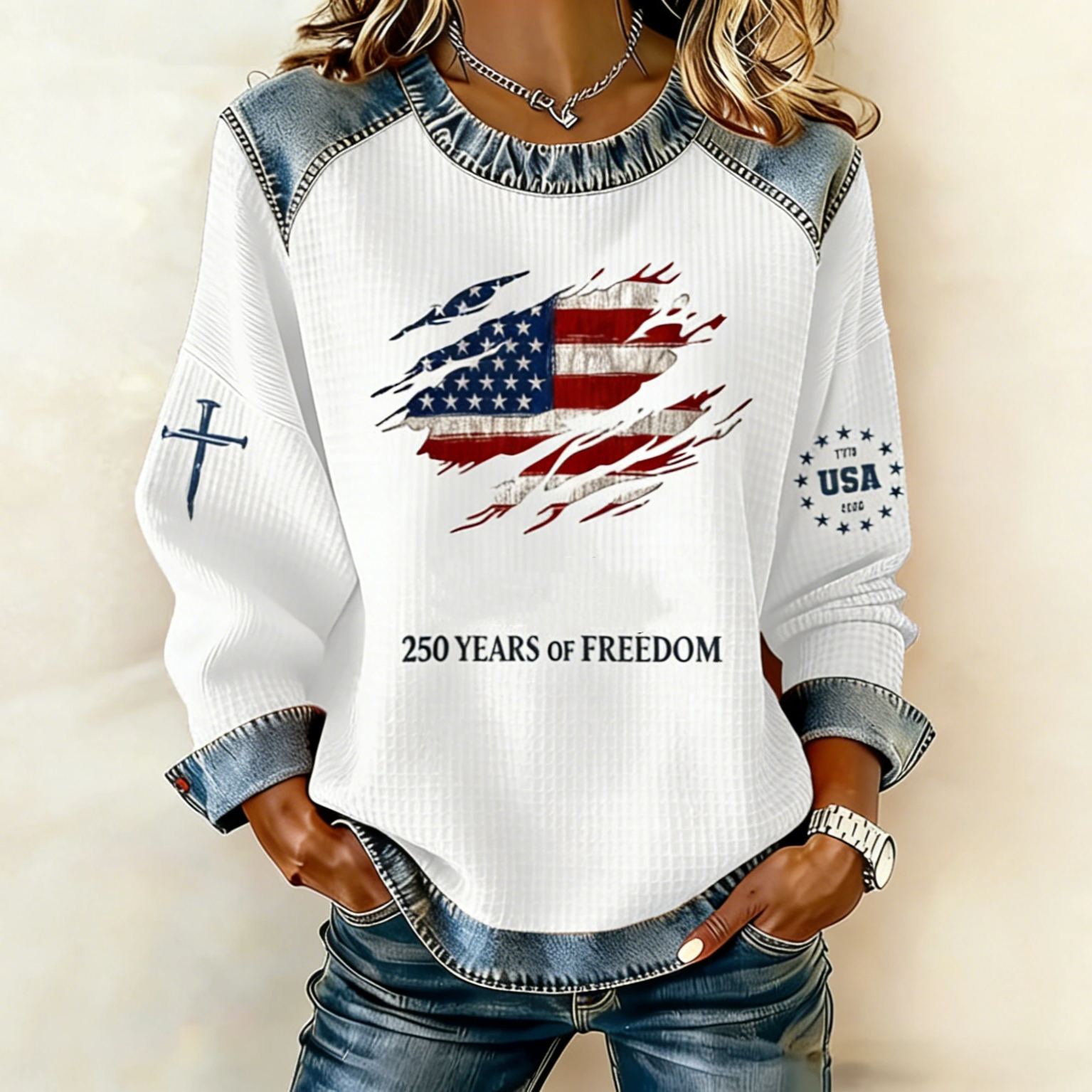 Women's 250th America Anniversary Casual Printed Waffle Sweatshirt