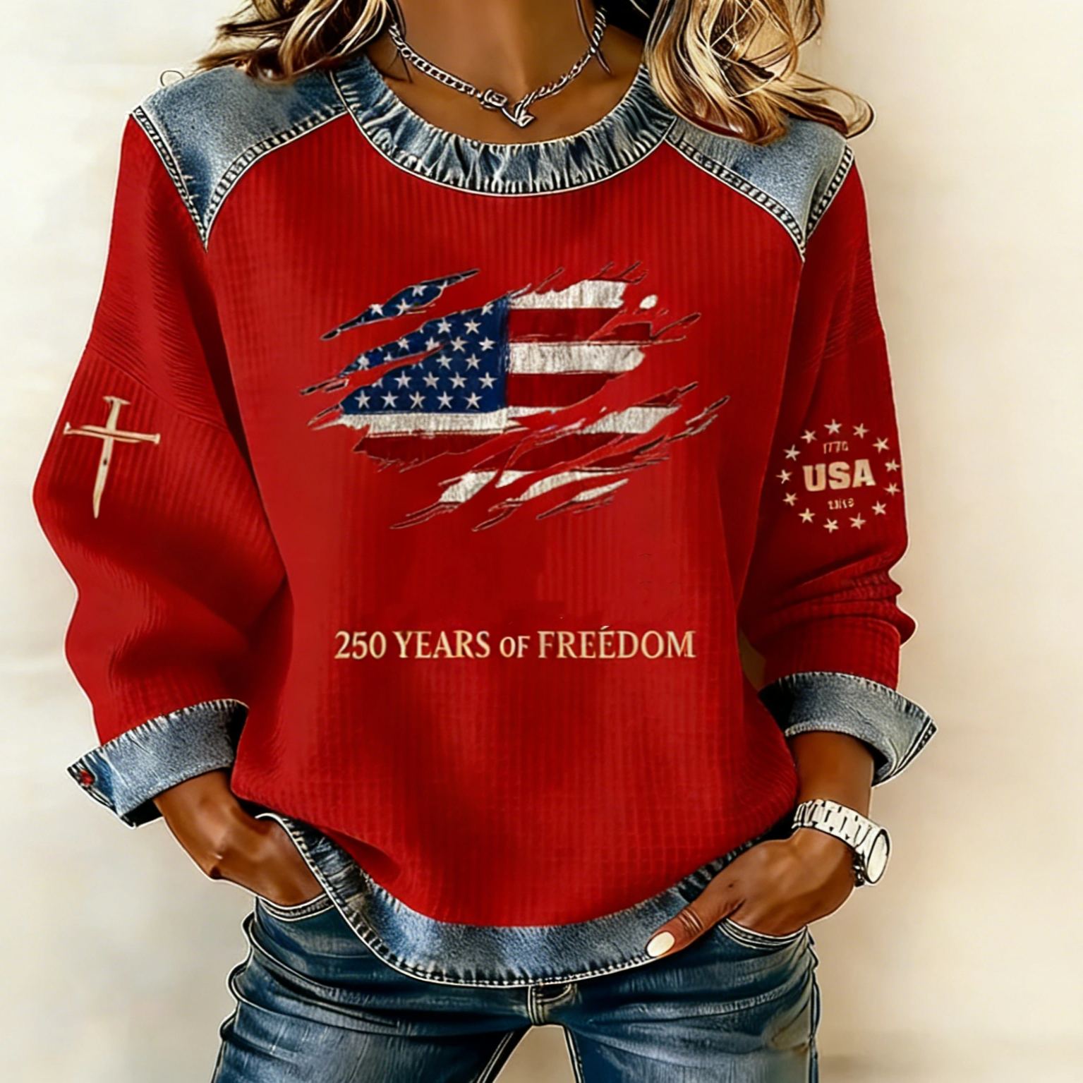 Women's 250th America Anniversary Casual Printed Waffle Sweatshirt