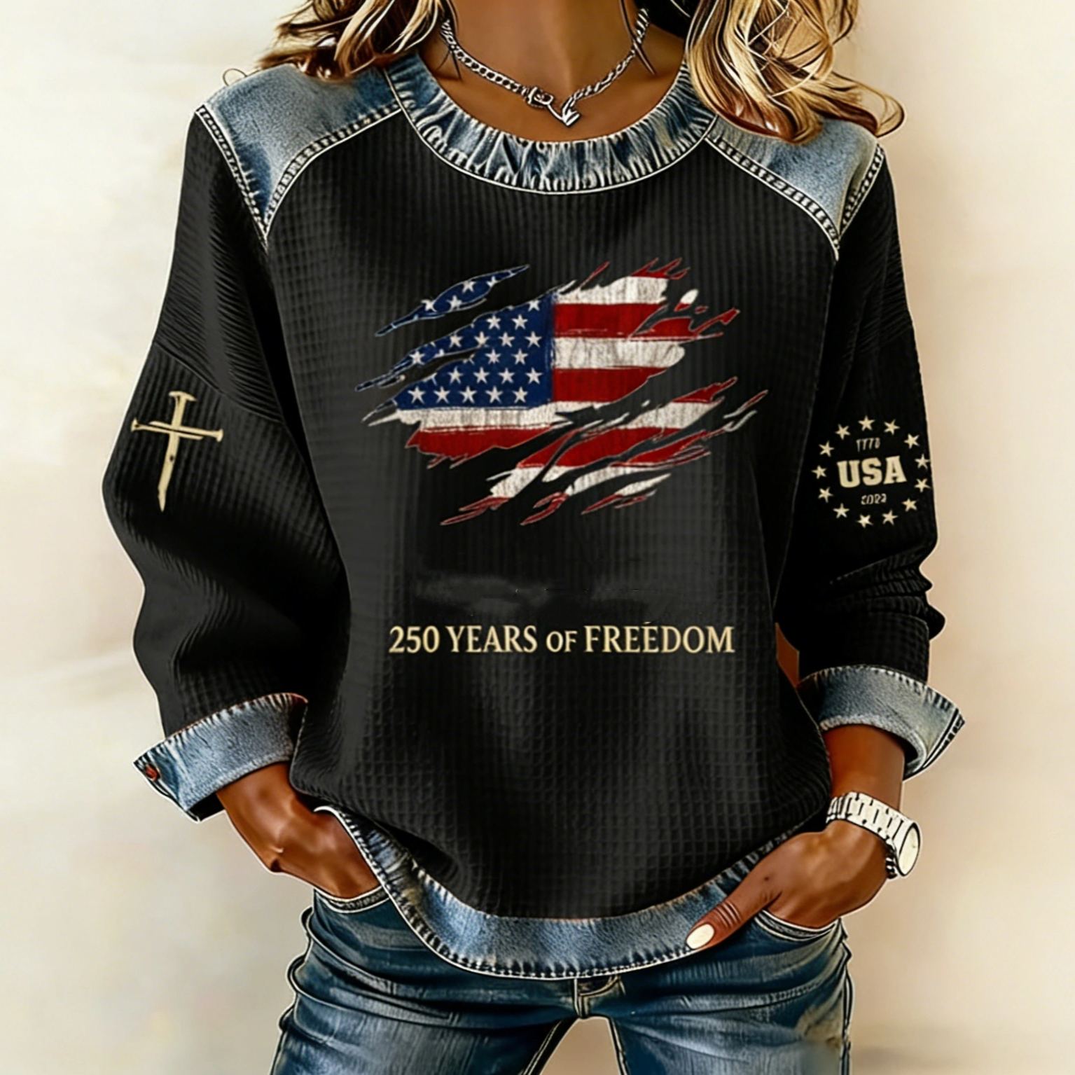 Women's 250th America Anniversary Casual Printed Waffle Sweatshirt