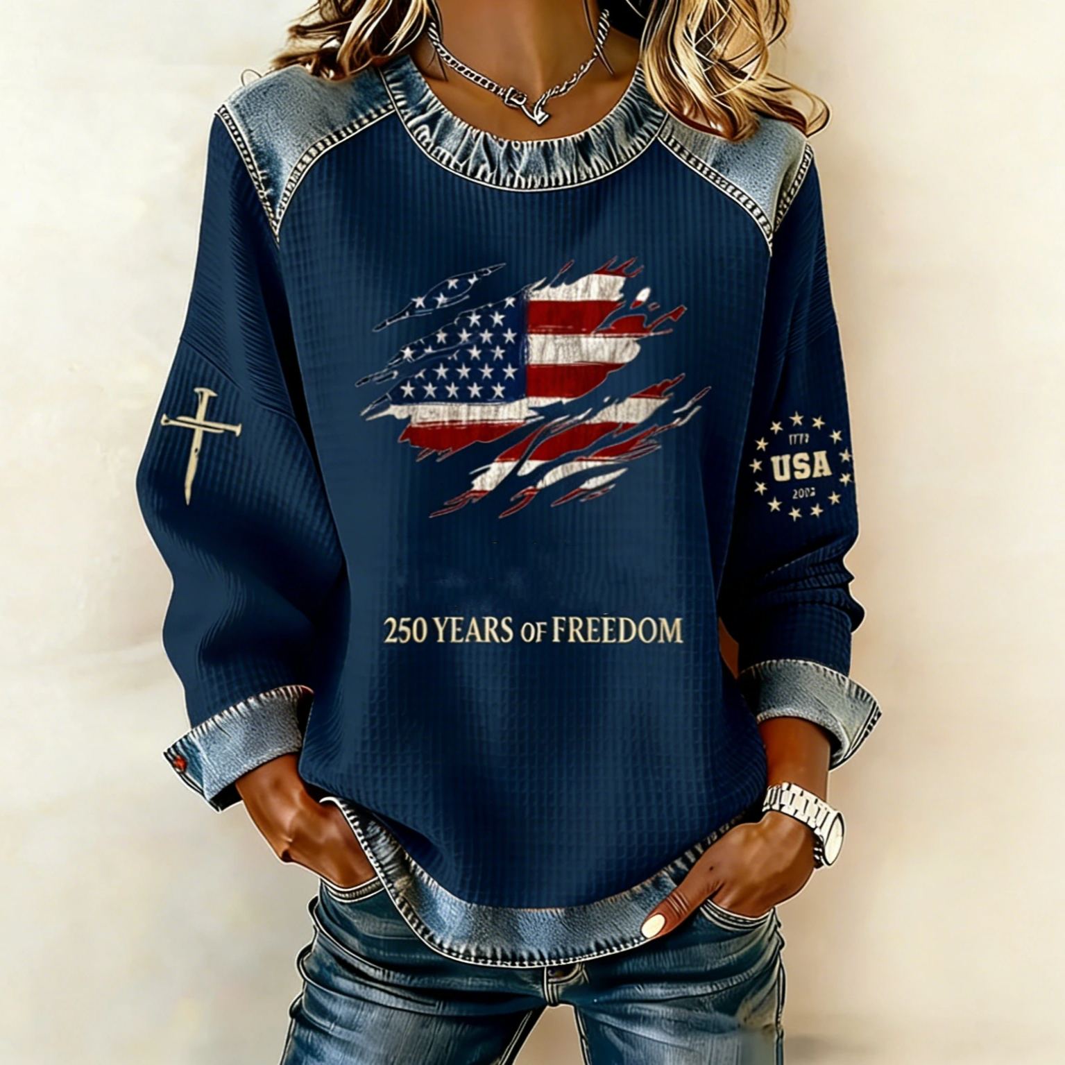 Women's 250th America Anniversary Casual Printed Waffle Sweatshirt