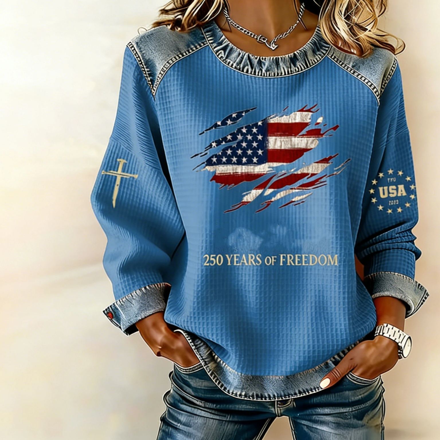Women's 250th America Anniversary Casual Printed Waffle Sweatshirt