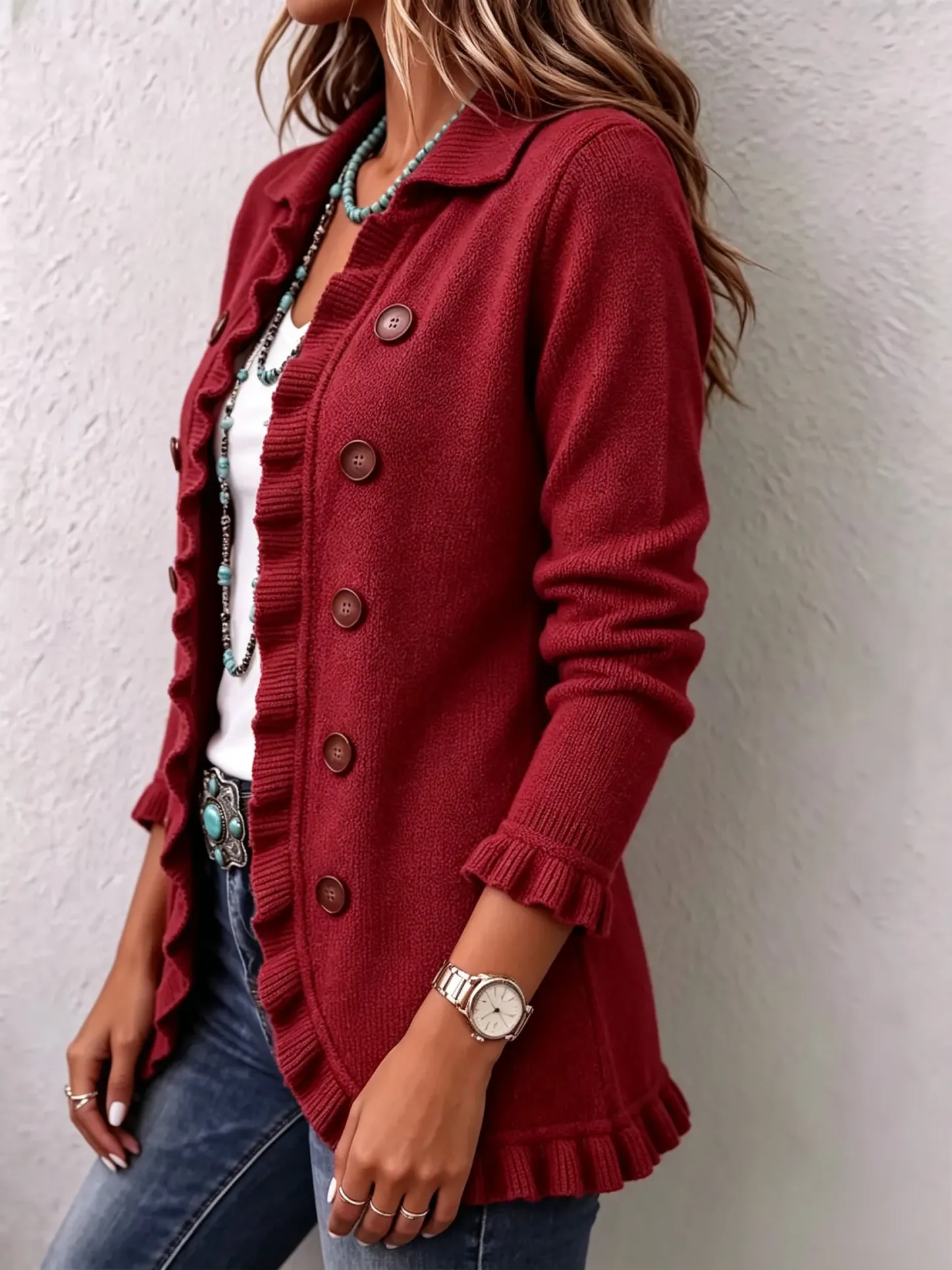 LAST DAY SAVE 49% ⏰Boho‑chic Ruffled Trim Double Breasted Lapel Knit Jacket