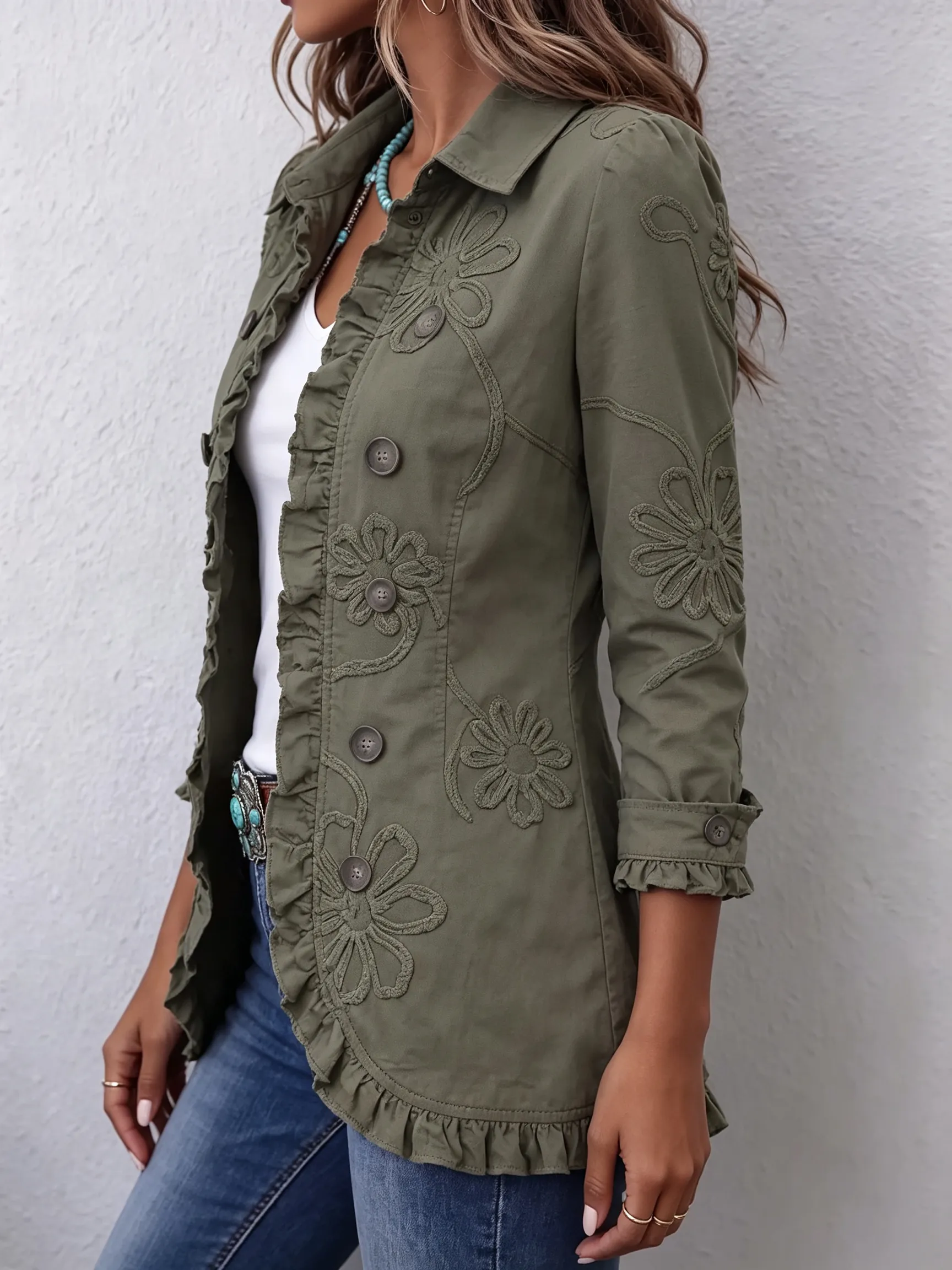 🤲LAST DAY SAVE 49% ⏰Boho-chic Floral Embroidered Utility Ruffled Trim Jacket
