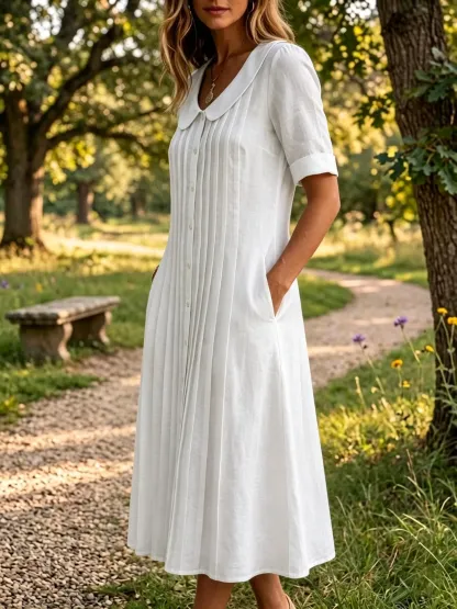 New Arrivals🔥 Women's Peter Pan Collar Casual Loose Pleated Cotton And Linen Dress