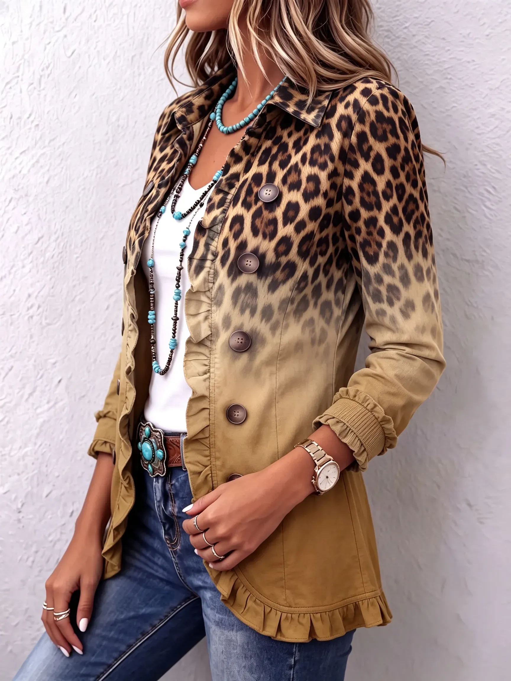 🤲LAST DAY SAVE 49% ⏰Bold Boho Leopard & Teal Ruffle Blazer Jacket