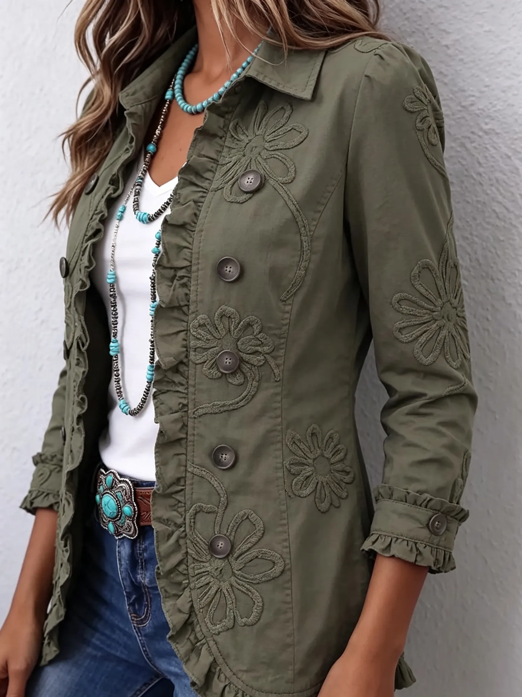 🤲LAST DAY SAVE 49% ⏰Boho-chic Floral Embroidered Utility Ruffled Trim Jacket