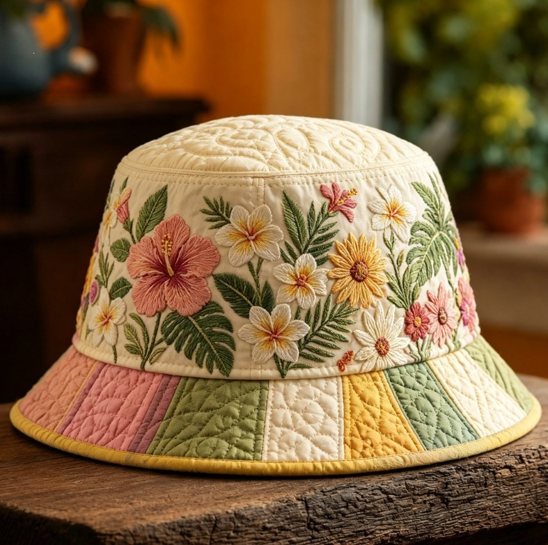 Quilted Cream Bucket Hat Boho Tropical Floral Embroidery