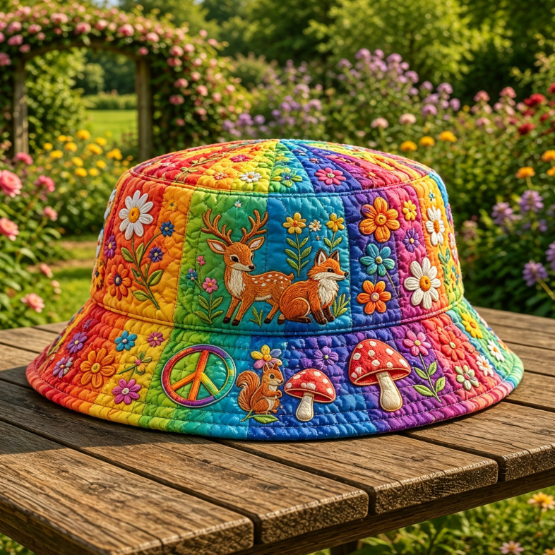 Quilted Rainbow Bucket Hat Hippie Woodland Animal Embroidery