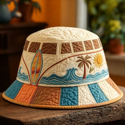 Quilted Cream Bucket Hat Boho Surf Beach Motifs