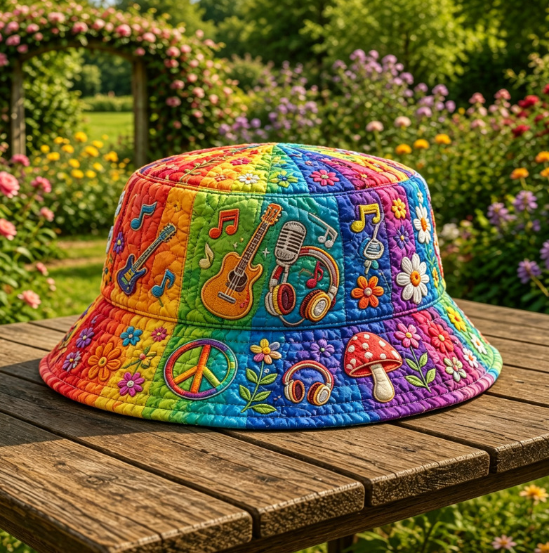 Quilted Rainbow Bucket Hat Hippie Rock Music Embroidery