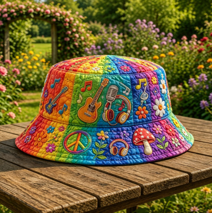 Quilted Rainbow Bucket Hat Hippie Rock Music Embroidery