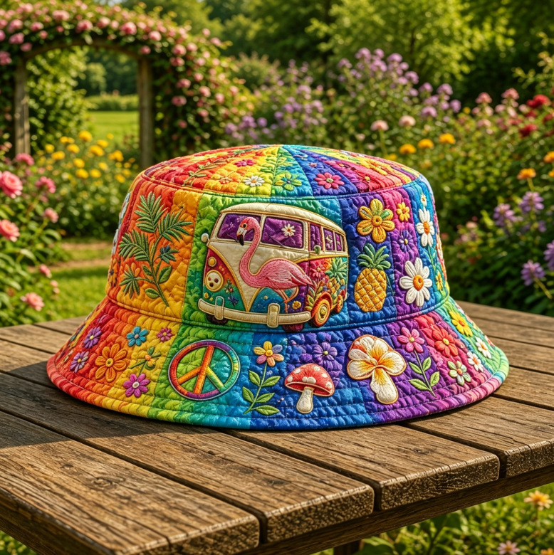 Quilted Rainbow Bucket Hat Hippie Van Flamingo Embroidery