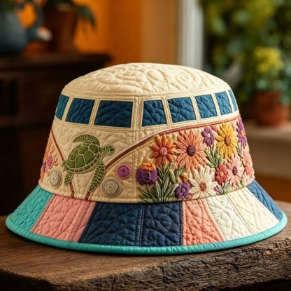 Quilted Cream Bucket Hat Boho Sea Turtle Van Embroidery