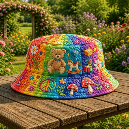 Quilted Rainbow Bucket Hat Hippie Teddy Toy Embroidery
