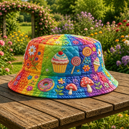 Quilted Rainbow Bucket Hat Hippie Sweet Treat Embroidery
