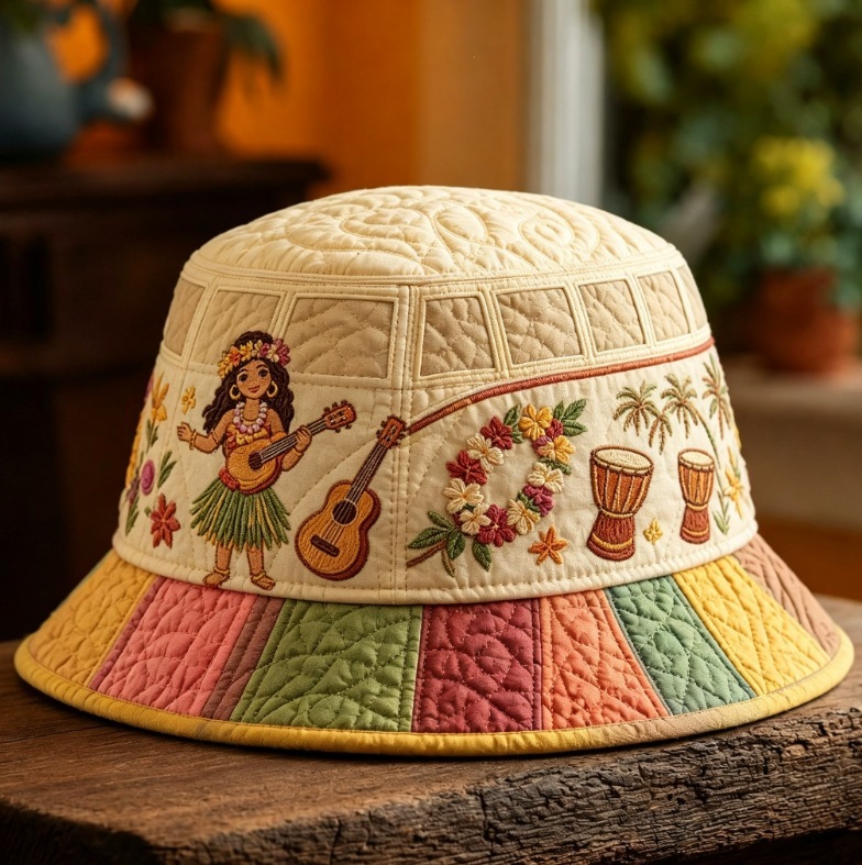 Quilted Cream Bucket Hat Boho Hawaiian Hula Girl