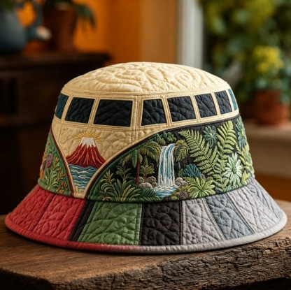 Quilted Cream Bucket Hat Boho Tropical Volcano Landscape