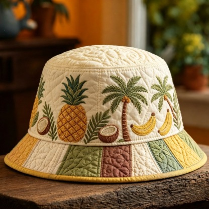 Quilted Cream Bucket Hat Boho Tropical Fruit Embroidery