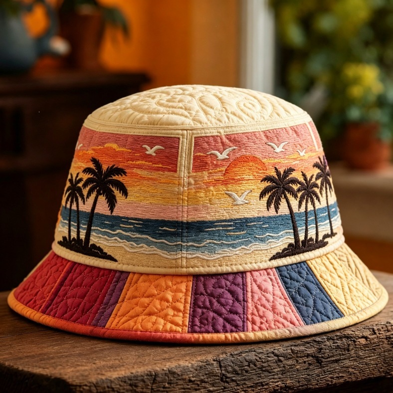 Quilted Cream Bucket Hat Boho Sunset Beach Palm Tree