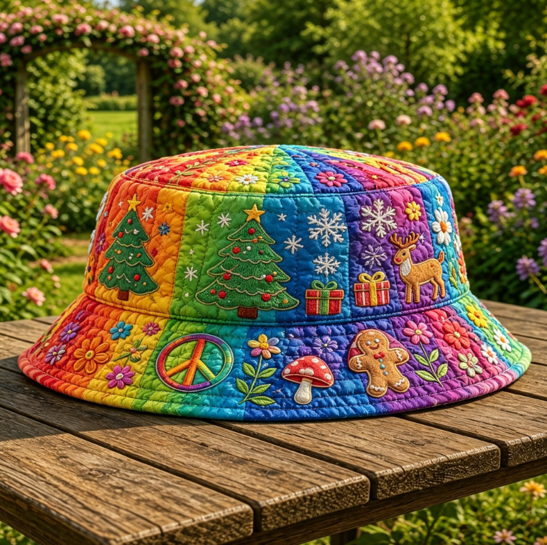 Quilted Rainbow Bucket Hat Hippie Christmas Motifs