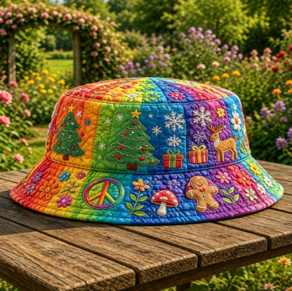 Quilted Rainbow Bucket Hat Hippie Christmas Motifs