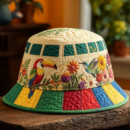 Quilted Cream Bucket Hat Boho Tropical Bird Embroidery