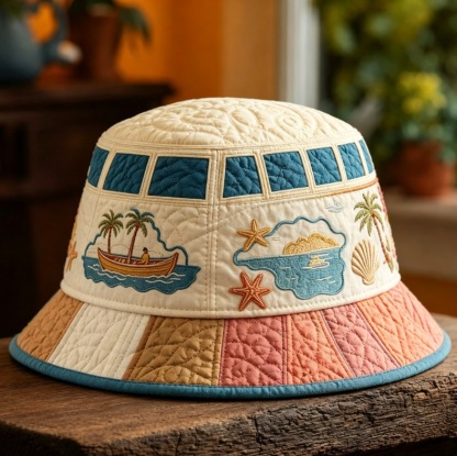 Quilted Cream Bucket Hat Boho Ocean Island Shell Motifs