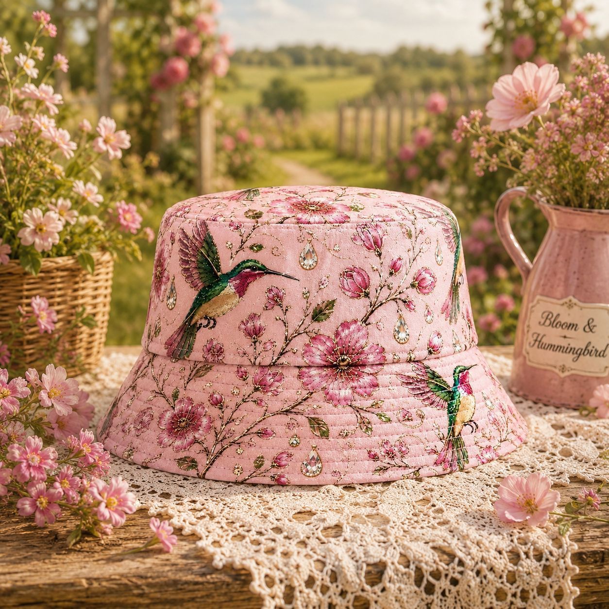 Quilted Pink Bucket Hat Boho Hummingbird Floral