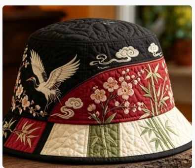Quilted Bucket Hat Black Red Chinoiserie Crane Embroidery