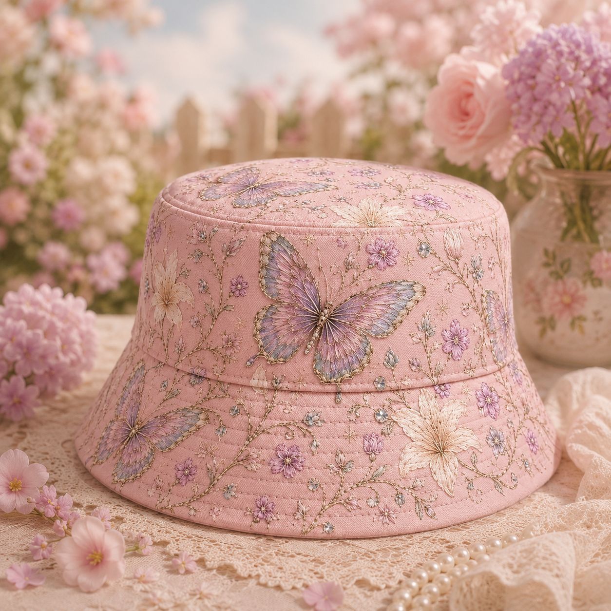 Quilted Pink Bucket Hat Boho Purple Butterfly Floral