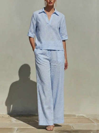 Today $43.99 Clearance Price🔥Women’s Cotton Linen Gingham V-Neck Wide Leg Set