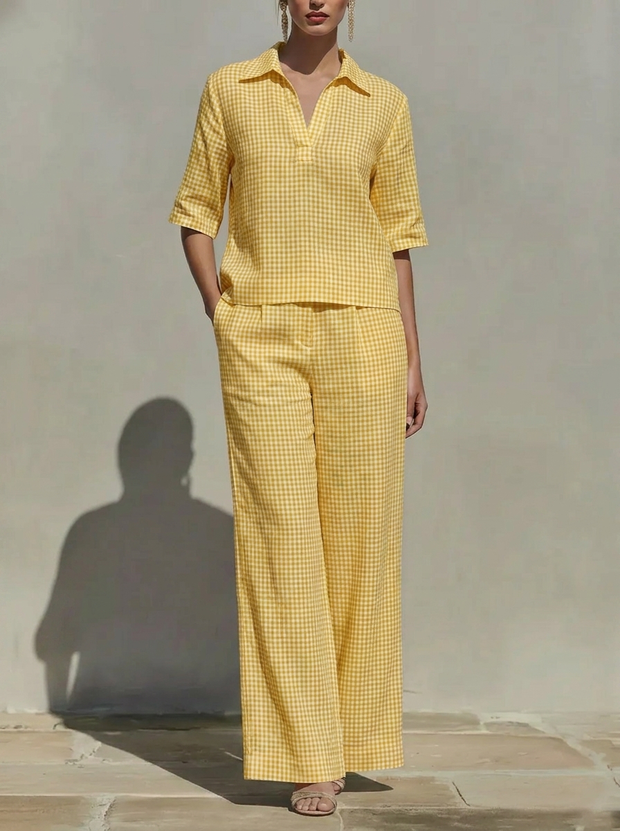 Today $43.99 Clearance Price🔥Women’s Cotton Linen Gingham V-Neck Wide Leg Set
