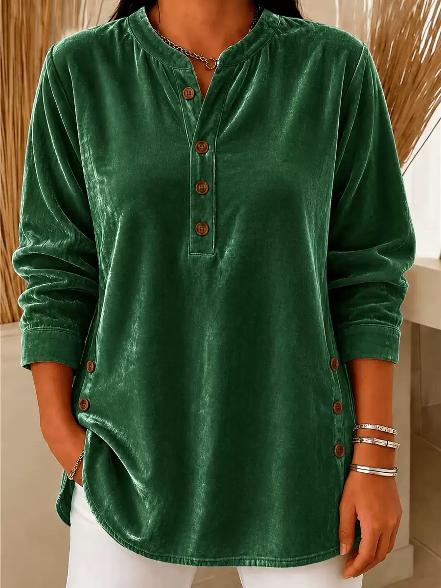 Women's Shirt Velvet Solid Color Bohemia Vacation Vintage Long Sleeve Henry Collar Regular Tops Casual Daily Going out