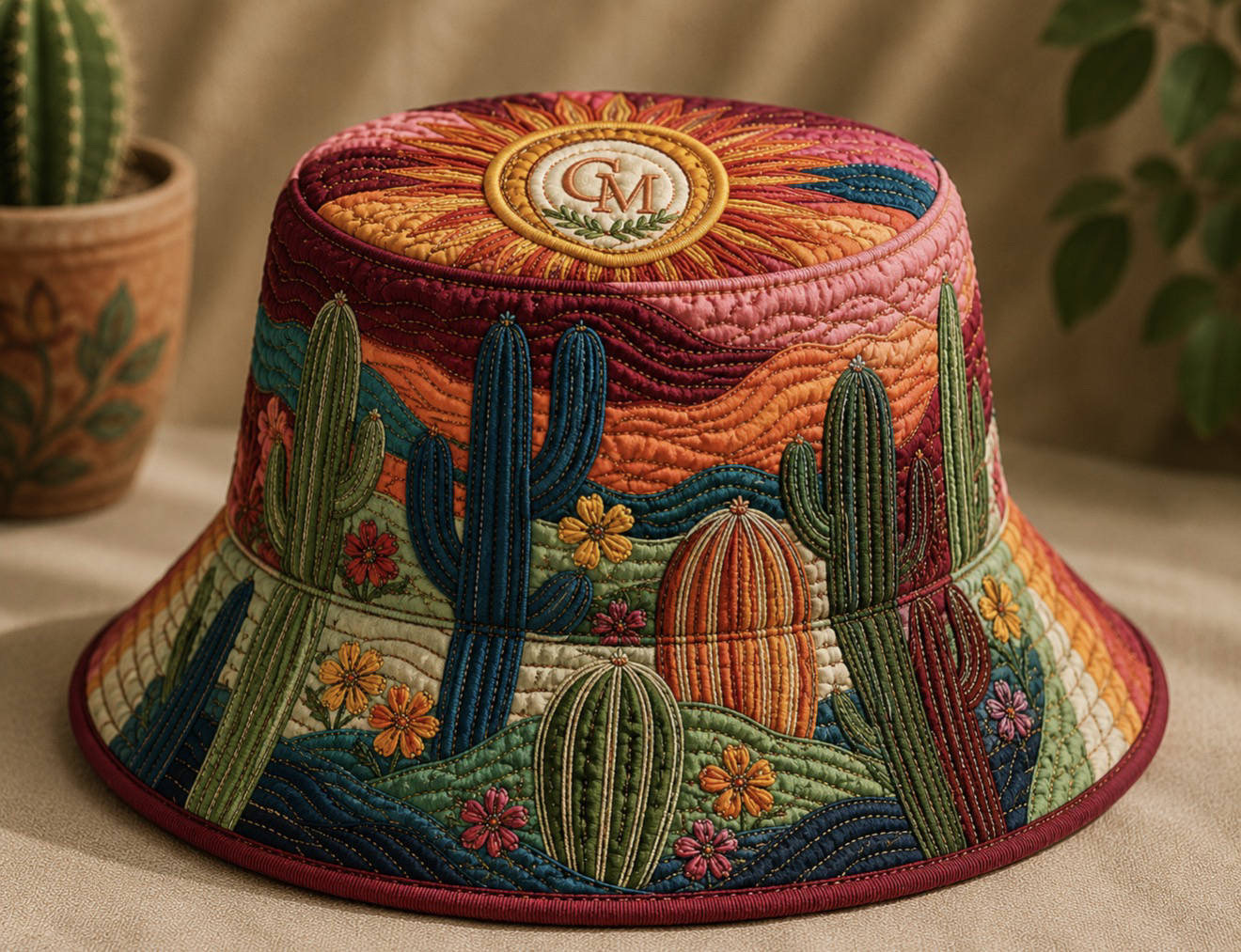 Quilted Rust Bucket Hat Boho Desert Cactus Sunset