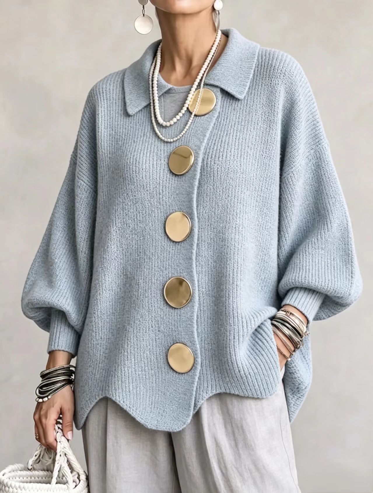 Oversized Collared Knit Cardigan With Large Metal Buttons