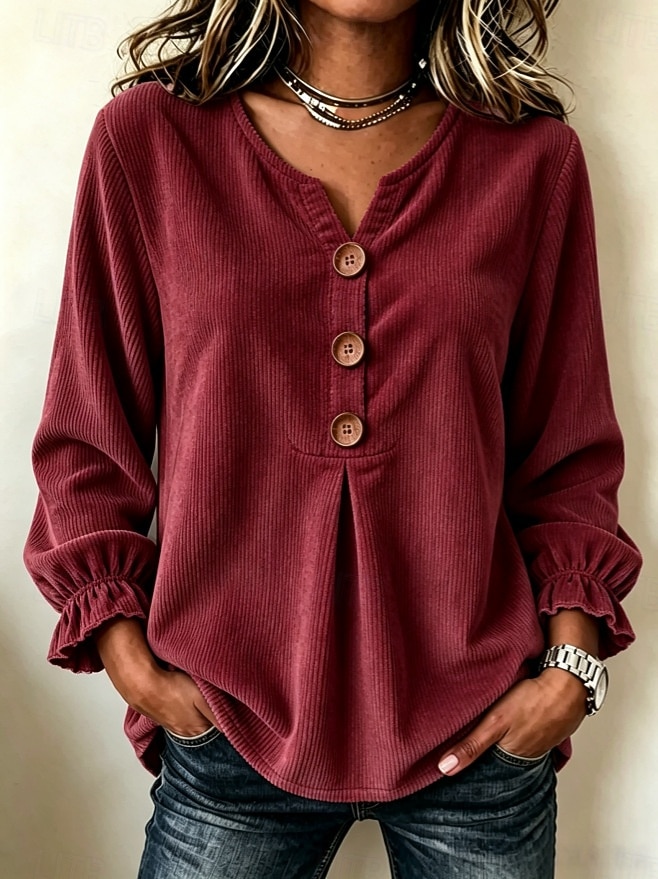 Women's Corduroy Shirt Blouse Ruffle Blouse Solid Color Plain Casual Long Sleeve V Neck Regular Tops Casual claret off white Black Pink Sky Blue Spring Fall 2026 - CAD $42.99 &ndash;P6