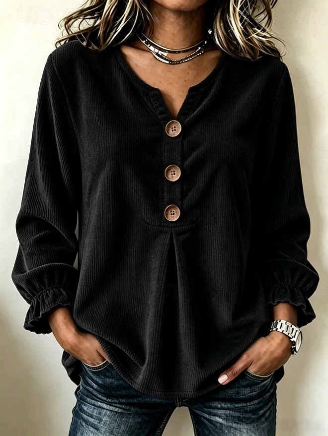 Women's Corduroy Shirt Blouse Ruffle Blouse Solid Color Plain Casual Long Sleeve V Neck Regular Tops Casual claret off white Black Pink Sky Blue Spring Fall 2026 - CAD $42.99 &ndash;P9