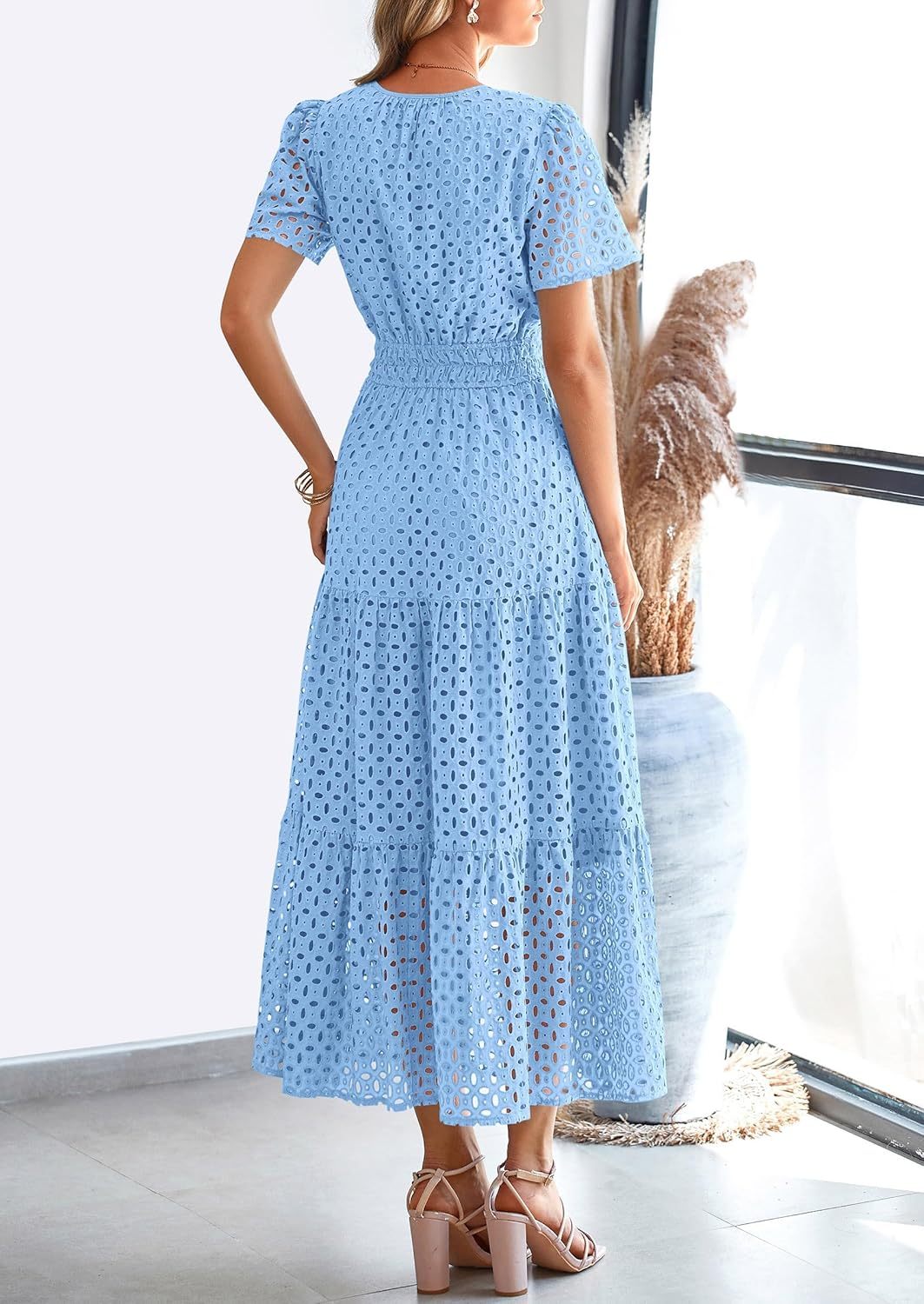 Maxi Dress Short Sleeve V Neck Hollow Out Eyelet A Line Dresses
