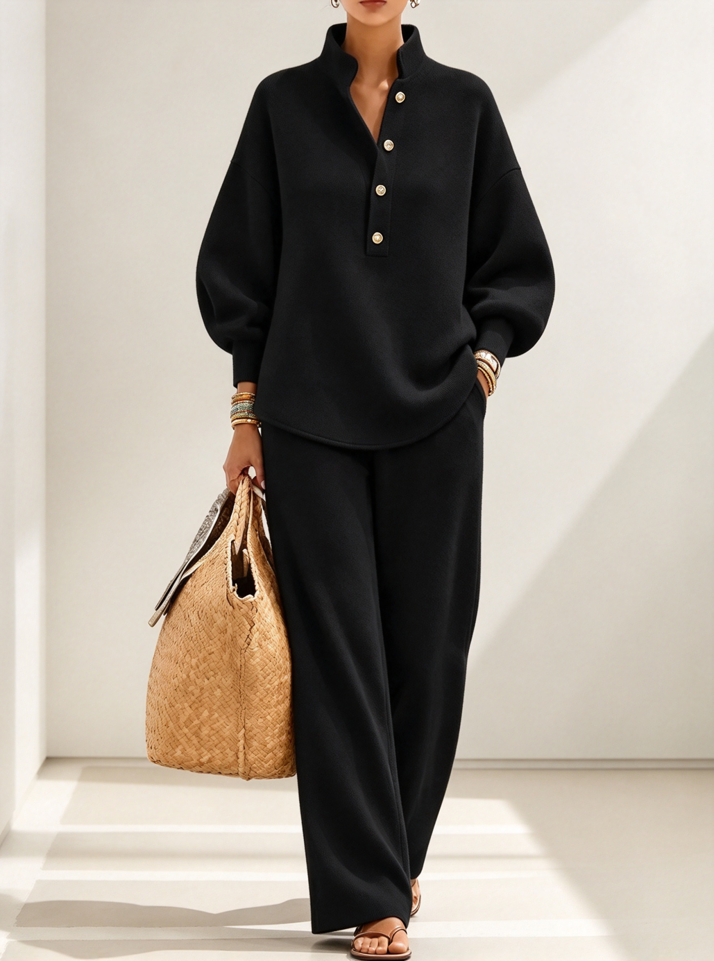 Women's Stand Collar Button Loose Sweatshirt Wide Leg Pants 2 Piece Casual Outfit Set