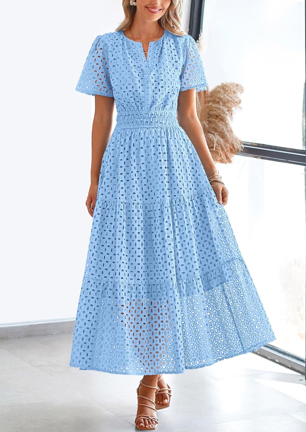 Maxi Dress Short Sleeve V Neck Hollow Out Eyelet A Line Dresses