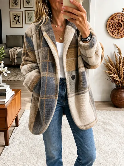 CLEARANCE SALE🔥Vibrant Plaid Fuzzy Fleece Jacket